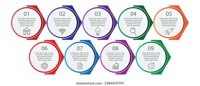 simple infographic design, 9 step infographics that are interconnected with icons, symbols, text combined with harmonious colors, good for your business presentation
