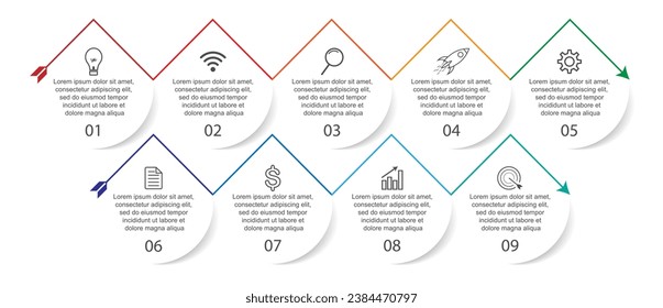 diseño infográfico simple, infografías de 9 pasos que están interconectadas con iconos, símbolos, texto combinado con colores armoniosos, bueno para su presentación empresarial