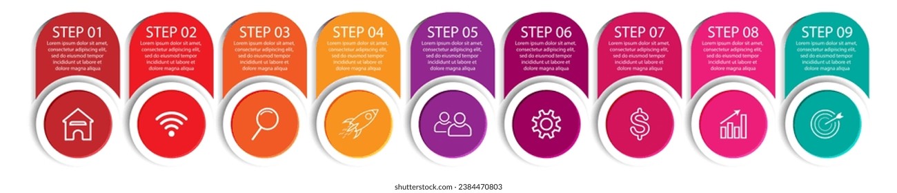 simple infographic design, 9 step infographics that are interconnected with icons, symbols, text combined with harmonious colors, good for your business presentation