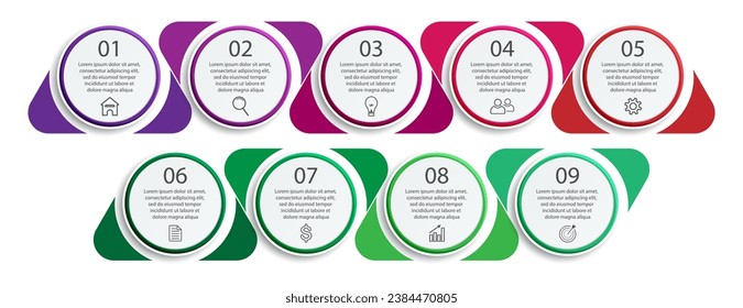 simple infographic design, 9 step infographics that are interconnected with icons, symbols, text combined with harmonious colors, good for your business presentation