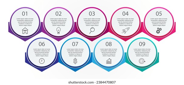 simple infographic design, 9 step infographics that are interconnected with icons, symbols, text combined with harmonious colors, good for your business presentation