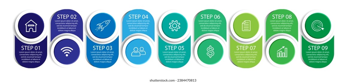 simple infographic design, 9 step infographics that are interconnected with icons, symbols, text combined with harmonious colors, good for your business presentation