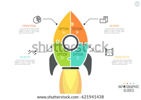 Simple infographic design layout, jigsaw puzzle in shape of space rocket flying up divided into 4 multicolored parts. Successful startup launch concept. Vector illustration for website, presentation.