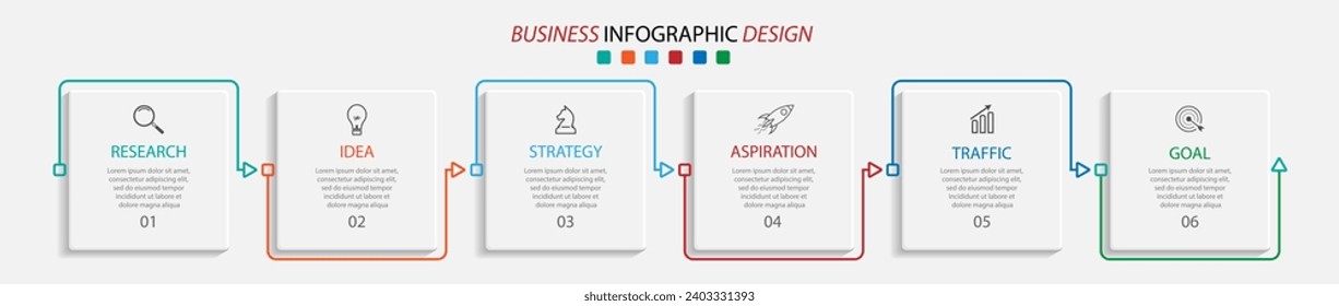 diseño infográfico simple con seis partes o pasos, formas cuadradas interconectadas con líneas de color fino, para diagramas de flujo, banners o presentaciones de negocios