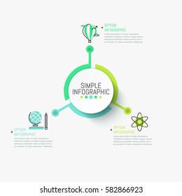 Simple infographic design template. Central circular element connected with three multicolored pictograms and text boxes. Opportunities of self-education concept. Vector illustration for website.