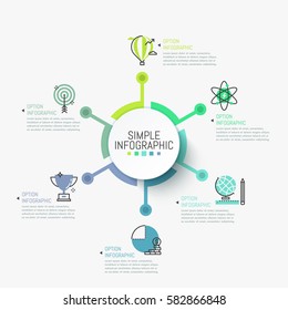 Simple infographic design template. Circular element in center connected with 6 pictograms and text boxes. Six steps to obtain financial advantage concept. Vector illustration for report, website.