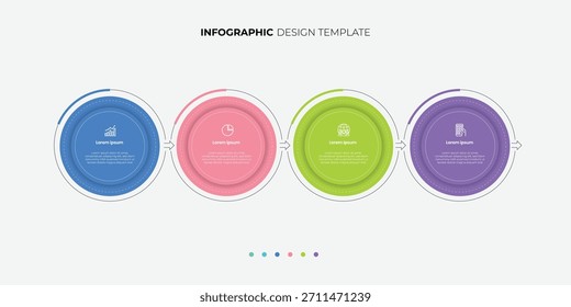 Elementos de modelo de design de infográfico simples colocados na linha horizontal. Conceito de 4 etapas do processo de desenvolvimento de negócios. Ilustração linear moderna para relatório.