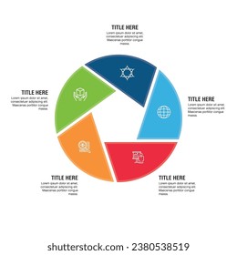 Simple infographic design template. Round chart divided into 5 multicolored sectors with arrows pointing at text boxes and thin line icons. Five steps of production cycle concept. Vector illustration.