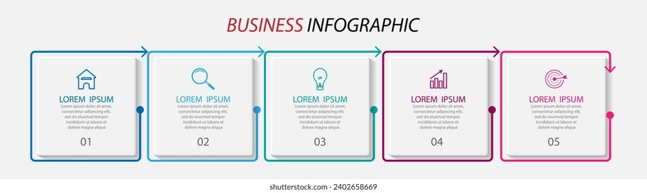 simple infographic design with thin lines of 5 interconnected parts. for flow diagrams, workflows and presentations of your business