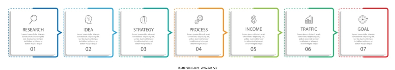 simple infographic design with thin lines, 7 interconnected square sections. for flow diagrams, workflows and presentations of your business