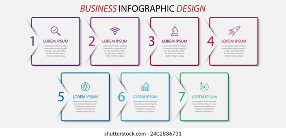 simple infographic design with thin lines, 7 interconnected square sections. for flow diagrams, workflows and presentations of your business