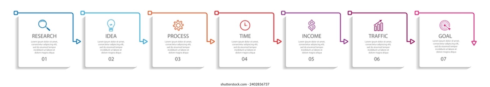 simple infographic design with thin lines, 7 interconnected square sections. for flow diagrams, workflows and presentations of your business