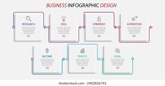 einfaches Infografik-Design mit dünnen Linien, 7 miteinander verbundene quadratische Abschnitte. für Ablaufdiagramme, Workflows und Präsentationen Ihres Unternehmens