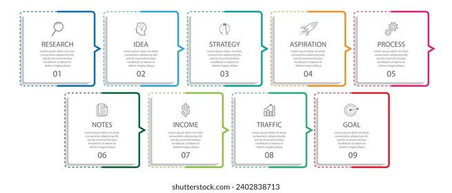 diseño infográfico simple con líneas delgadas, 9 secciones cuadradas interconectadas. para diagramas de flujo, flujos de trabajo y presentaciones de su negocio