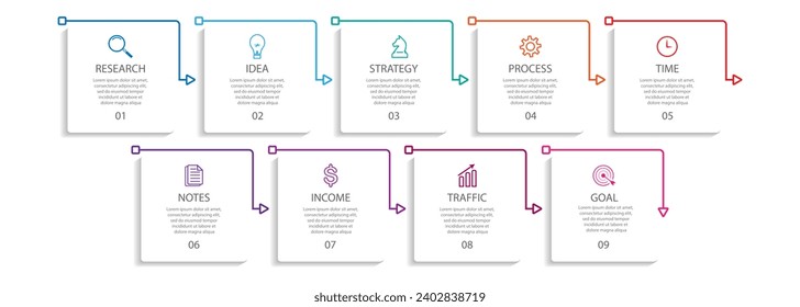 diseño infográfico simple con líneas delgadas, 9 secciones cuadradas interconectadas. para diagramas de flujo, flujos de trabajo y presentaciones de su negocio