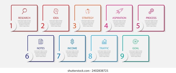 simple infographic design with thin lines, 9 interconnected square sections. for flow diagrams, workflows and presentations of your business