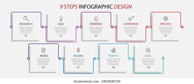 simple infographic design with thin lines, 9 interconnected square sections. for flow diagrams, workflows and presentations of your business