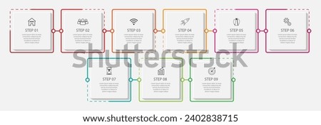 simple infographic design with thin lines, 9 interconnected square sections. for flow diagrams, workflows and presentations of your business