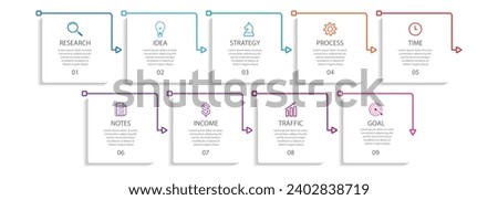 simple infographic design with thin lines, 9 interconnected square sections. for flow diagrams, workflows and presentations of your business