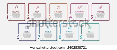simple infographic design with thin lines, 9 interconnected square sections. for flow diagrams, workflows and presentations of your business