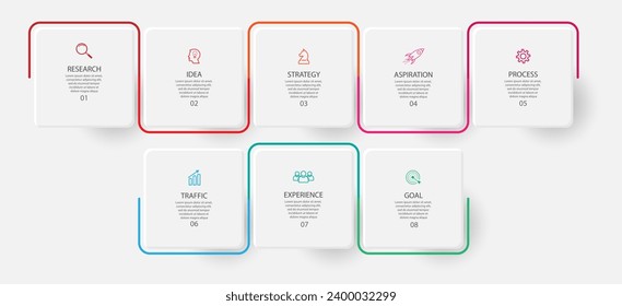 Simple infographic eight parts or options. thin line design with icons, text, number. used for process diagrams, workflow layouts, flowcharts, infographics, and your presentations