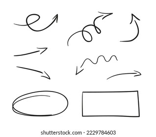 Simple infographic elements on isolated white. Line drawing. Hand drawn simple arrows. Sketchy geometric frames. Black and white illustration