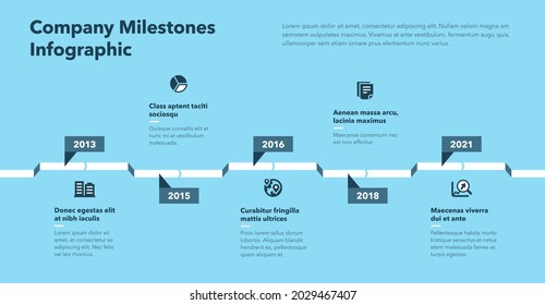 Infografía simple con cinco pasos para hitos de la empresa - versión azul. Fácil de usar para su sitio web o presentación.