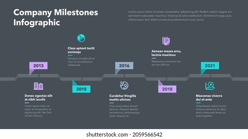 Infografía simple con cinco pasos para hitos de la empresa - versión oscura. Fácil de usar para su sitio web o presentación.