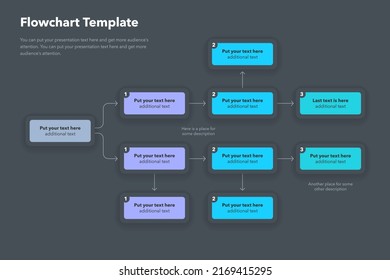 Infografía simple para la plantilla de diagrama de flujo con lugar para el contenido - versión oscura. Diseño plano, fácil de usar para su sitio web o presentación.