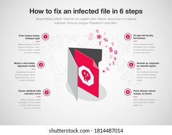 Simple infographic for how to fix an infected file in 6 steps, isolated on light background. Easy to use for your website or presentation.