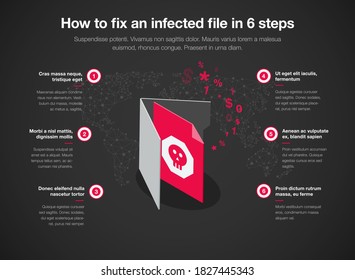 Simple infographic for how to fix an infected file in 6 steps, isolated on dark background. Easy to use for your website or presentation.