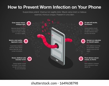 Simple infografía de cómo prevenir la infección de gusanos en tu smartphone - versión oscura. Fácil de usar para su sitio web o presentación.