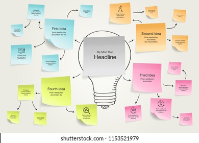 Simple infographic for mind map visualization template with colorful sticky notes and hand drawn icons. Easy to use for your design with transparent shadows.