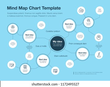 Simple infographic for mind map visualization template with circles and several icons, isolated on blue background. Easy to use for your website or presentation.