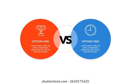 Simple infographic presentation comparing 2 options, red and blue circles. Prize, Reward, Success and Time. Vector illustration.