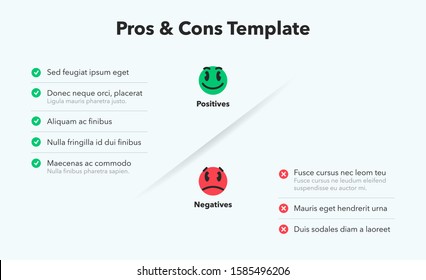 Simple infographic for pros and cons with funny emoji symbols. Easy to use for your website or presentation isolated on light background.