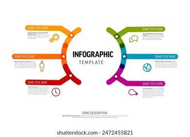 Einfache Vorlage des infografischen Schemadiagramms mit zentralem Inhalt und sechs kleineren Elementen. Sechs Abschnitte Infograph-Vorlage aus dicken Linien