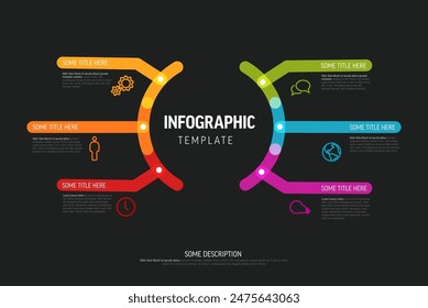 Simple infographic schema diagram template with center content and six smaller elements around. Six sections infograph template made by thick lines on black background