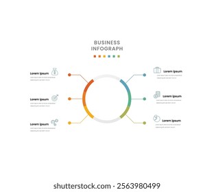 Simple infographic schema diagram template with center content and six smaller elements around. Six sections infograph template made by thick lines