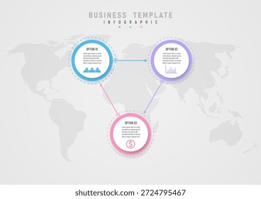 Plantilla de infografía simple con 3 opciones Círculos multicolores en la parte inferior, blanco en la parte superior con texto Iconos multicolores en la parte inferior con un mapa en el fondo.