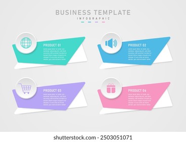 Simple infographic template with 4 product options Multi-colored squares with white letters in the middle Below is a white square. The top gray button has a multi-colored icon in the middle.