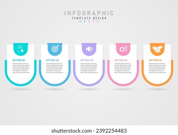 Simple infographic template 5 business options curved corner square White letters in the middle of multi-colored curved rectangular back. Above is a white icon on a colored background.