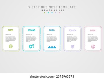 Simple infographic template 5 Product options white square Text message above and multi-colored icons below. multi colored border outline gray gradient background
