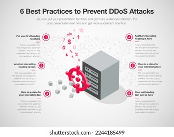 Simple infographic template for 6 best practices to prevent DDoS attacks. 6 stages template with a gunsight and a target server as a main symbol.