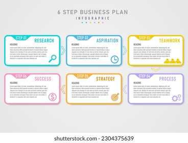 plantilla infográfica simple 6 pasos planificación empresarial para el éxito icono de dirección de flecha cuadrada pastel esquina inferior derecha y letras en fondo gris de fondo blanco