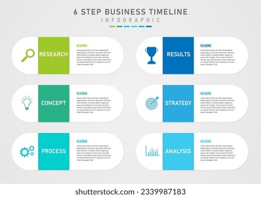 Plantilla infográfica simple 6 pasos plan de negocio para el éxito Plazo redondeado blanco con cuadrados multicolores en el centro con letras blancas en el icono izquierdo letra derecha fondo gradiente gris