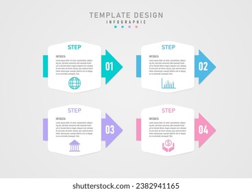 Simple infographic template Business planning steps multi-colored arrows below with numbers in the corners The white square top has icons and letters in the middle of a gray gradient background.