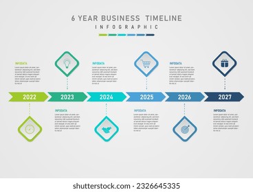 plantilla infográfica simple línea de tiempo de negocios 6 años flechas multicolor con números en los iconos de cuadrados anglados agudos centrales en el centro y letras en los lados fondo gradiente gris