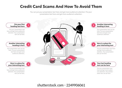 Simple infographic template for credit card scams and how to avoid them. 6 stages template with a smartphone and two hackers as a main symbol.