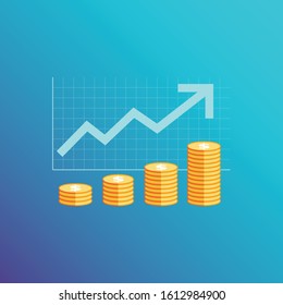 Simple infographic template, with elements : graph, arrow and coins on gradient blue background, finance, economic and investment concept.